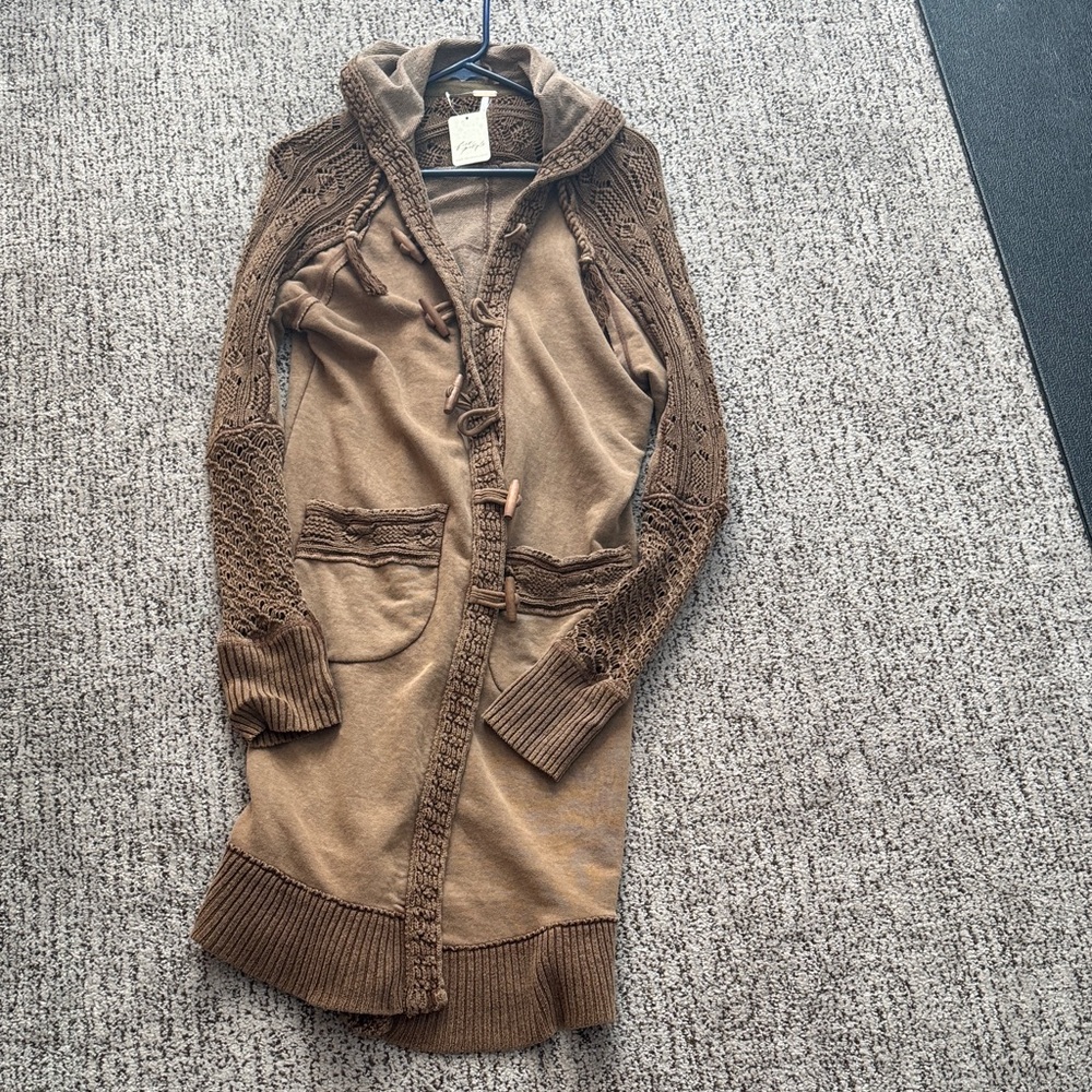 Free People Tan Hooded Knit Cardigan